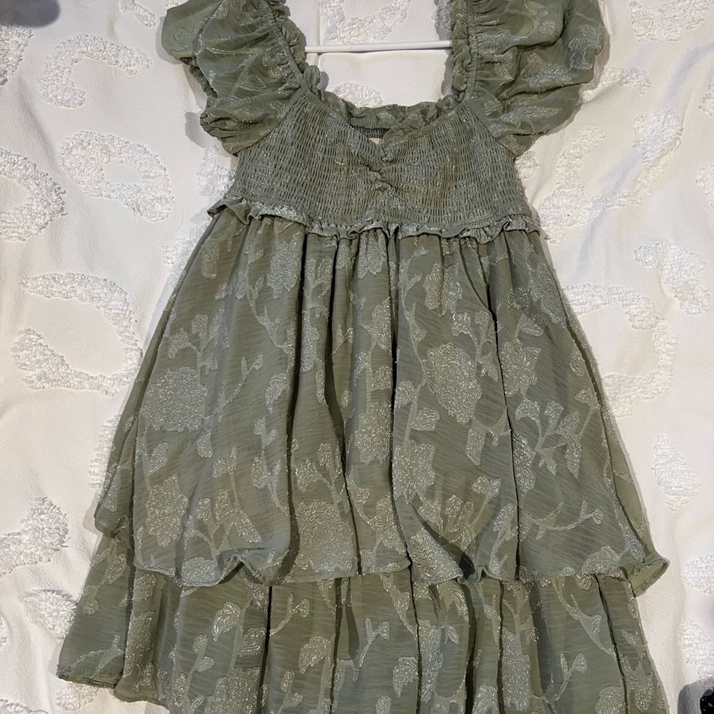 Altar’d State Green Ruched Puff Sleeve Sundress with flower details